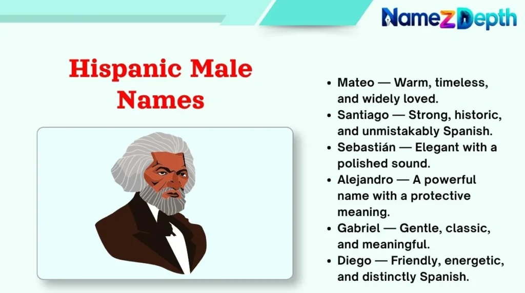 Mateo β Warm, timeless, and widely loved. Santiago β Strong, historic, and unmistakably Spanish. SebastiΓ‘n β Elegant with a polished sound. Alejandro β A powerful name with a protective meaning. Gabriel β Gentle, classic, and meaningful. Hispanic Male Names